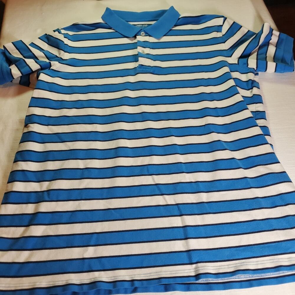Lands End Mens Short Sleeve Polo Shirt XLT Extra Long Tall Striped Blue